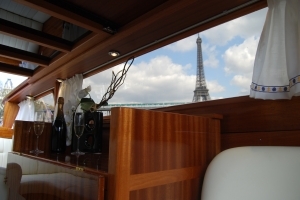 View of the Effeil Tower in Paris from a boat tour