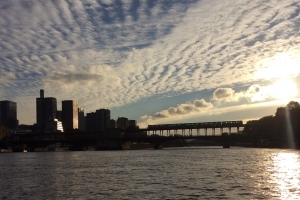 View of the Seine river in Paris from a Wodden boat