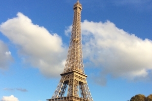 View of the Effeil Tower in Paris from the Seine River